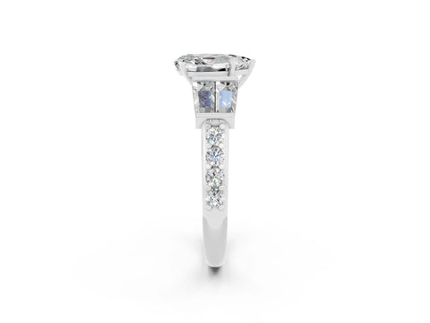 White gold Pear Cut Moissanite Engagement Ring with Baguette Side Stones and Channel Set Band_2