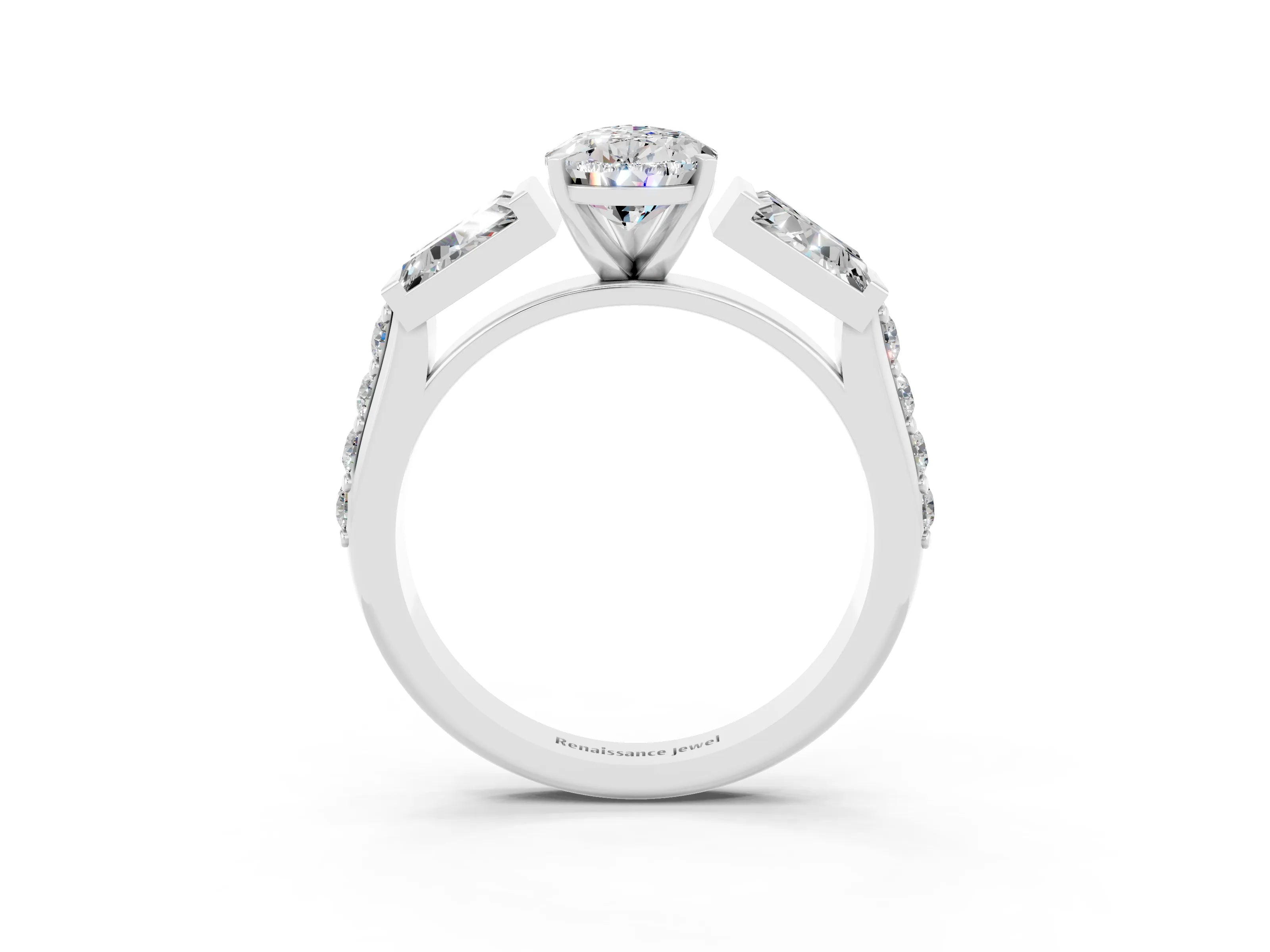 White gold Pear Cut Moissanite Engagement Ring with Baguette Side Stones and Channel Set Band_3