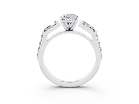White gold Pear Cut Moissanite Engagement Ring with Baguette Side Stones and Channel Set Band_3