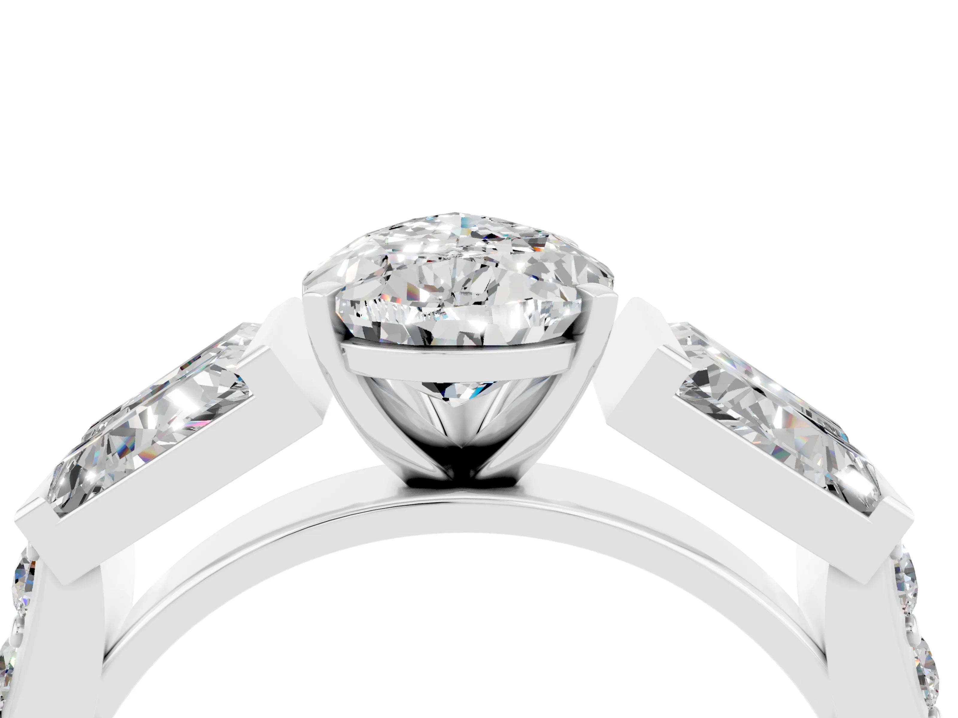 White gold Pear Cut Moissanite Engagement Ring with Baguette Side Stones and Channel Set Band_4