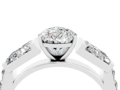 White gold Pear Cut Moissanite Engagement Ring with Baguette Side Stones and Channel Set Band_4