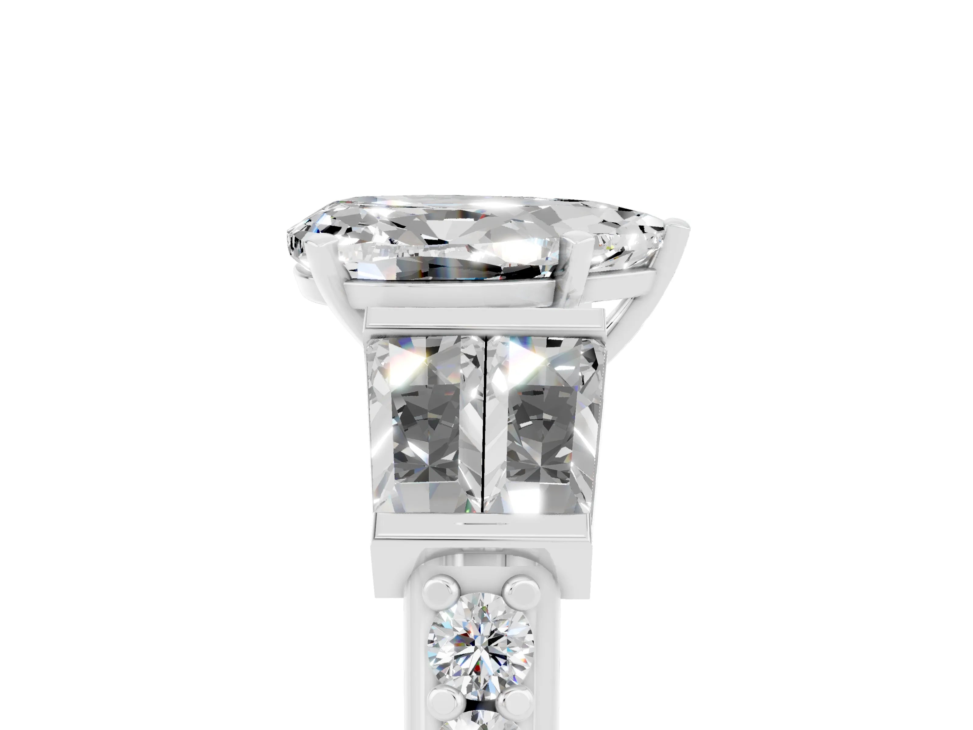White gold Pear Cut Moissanite Engagement Ring with Baguette Side Stones and Channel Set Band_5