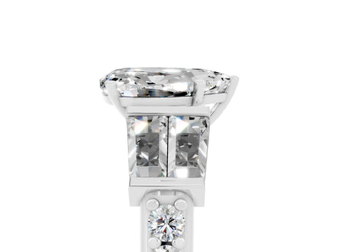 White gold Pear Cut Moissanite Engagement Ring with Baguette Side Stones and Channel Set Band_5