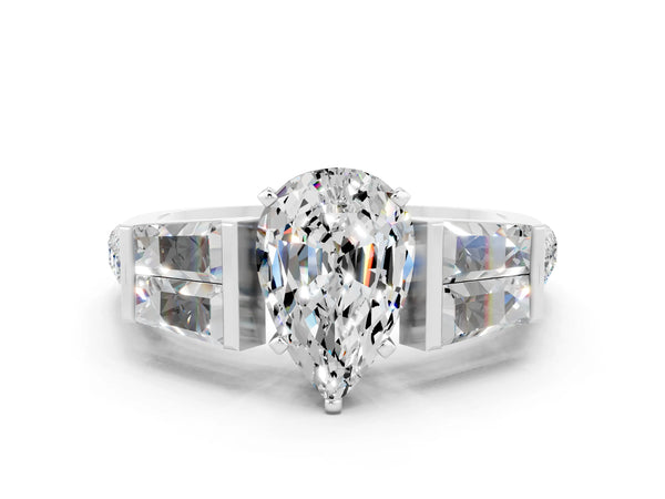 White gold Pear Cut Moissanite Engagement Ring with Baguette Side Stones and Channel Set Band