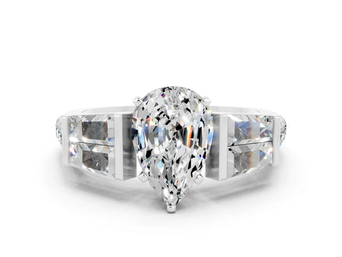 White gold Pear Cut Moissanite Engagement Ring with Baguette Side Stones and Channel Set Band