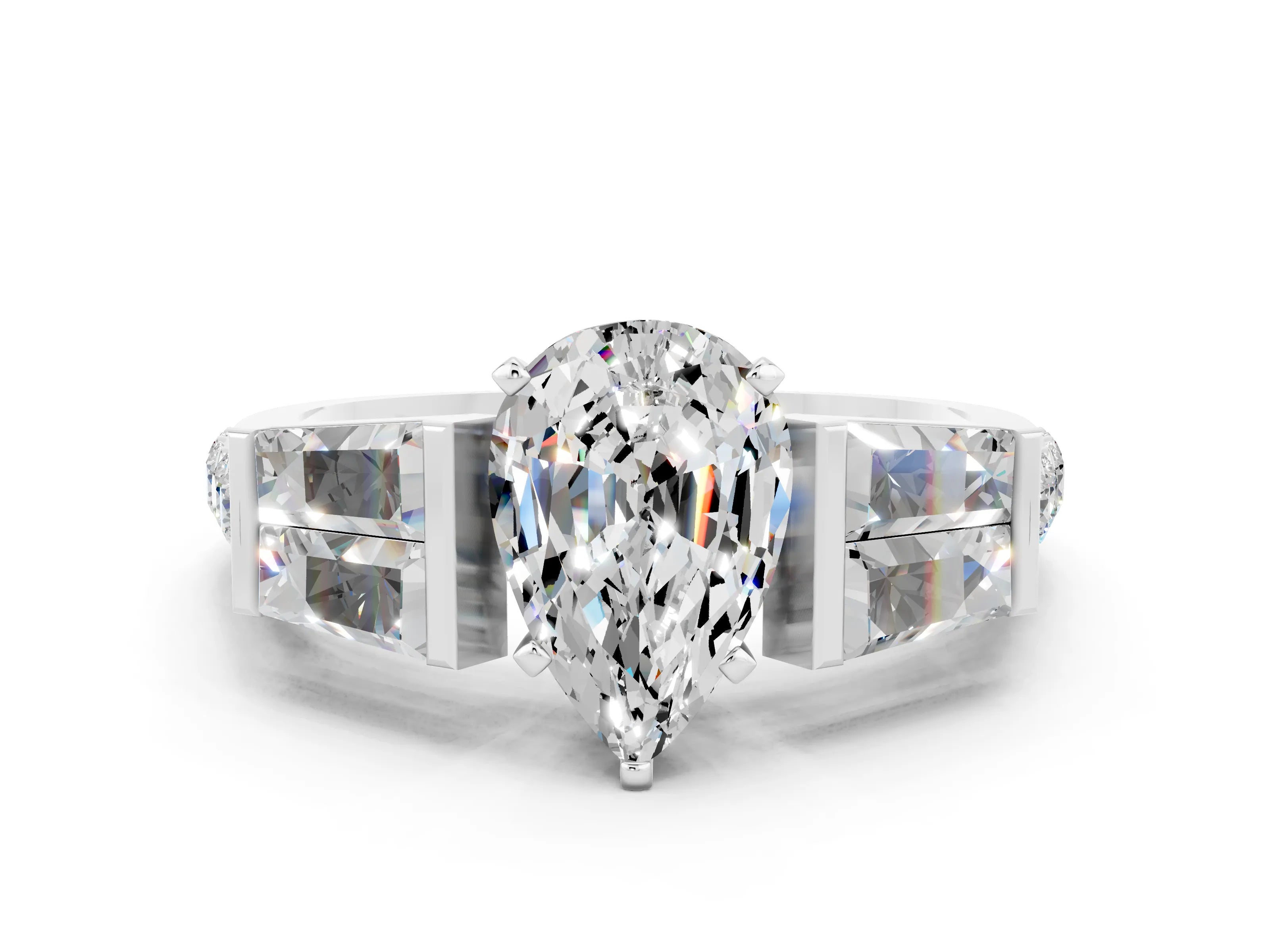 White gold Pear Cut Moissanite Engagement Ring with Baguette Side Stones and Channel Set Band