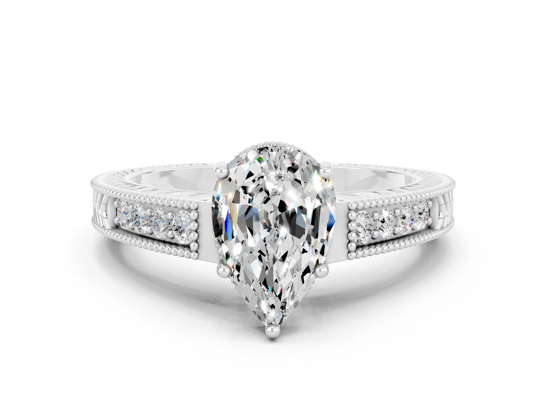 White gold Pear Cut Moissanite Engagement Ring with Milgrain Channel Set Band and Prong Setting