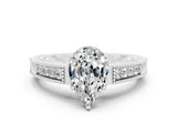 White gold Pear Cut Moissanite Engagement Ring with Milgrain Channel Set Band and Prong Setting