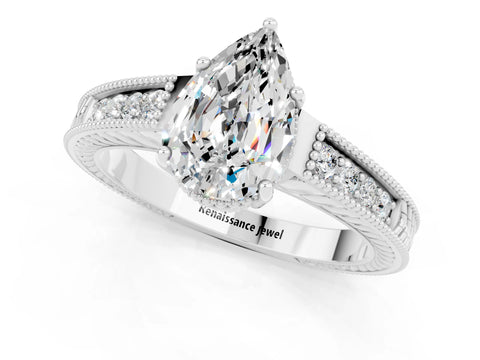 White gold Pear Cut Moissanite Engagement Ring with Milgrain Channel Set Band and Prong Setting_1