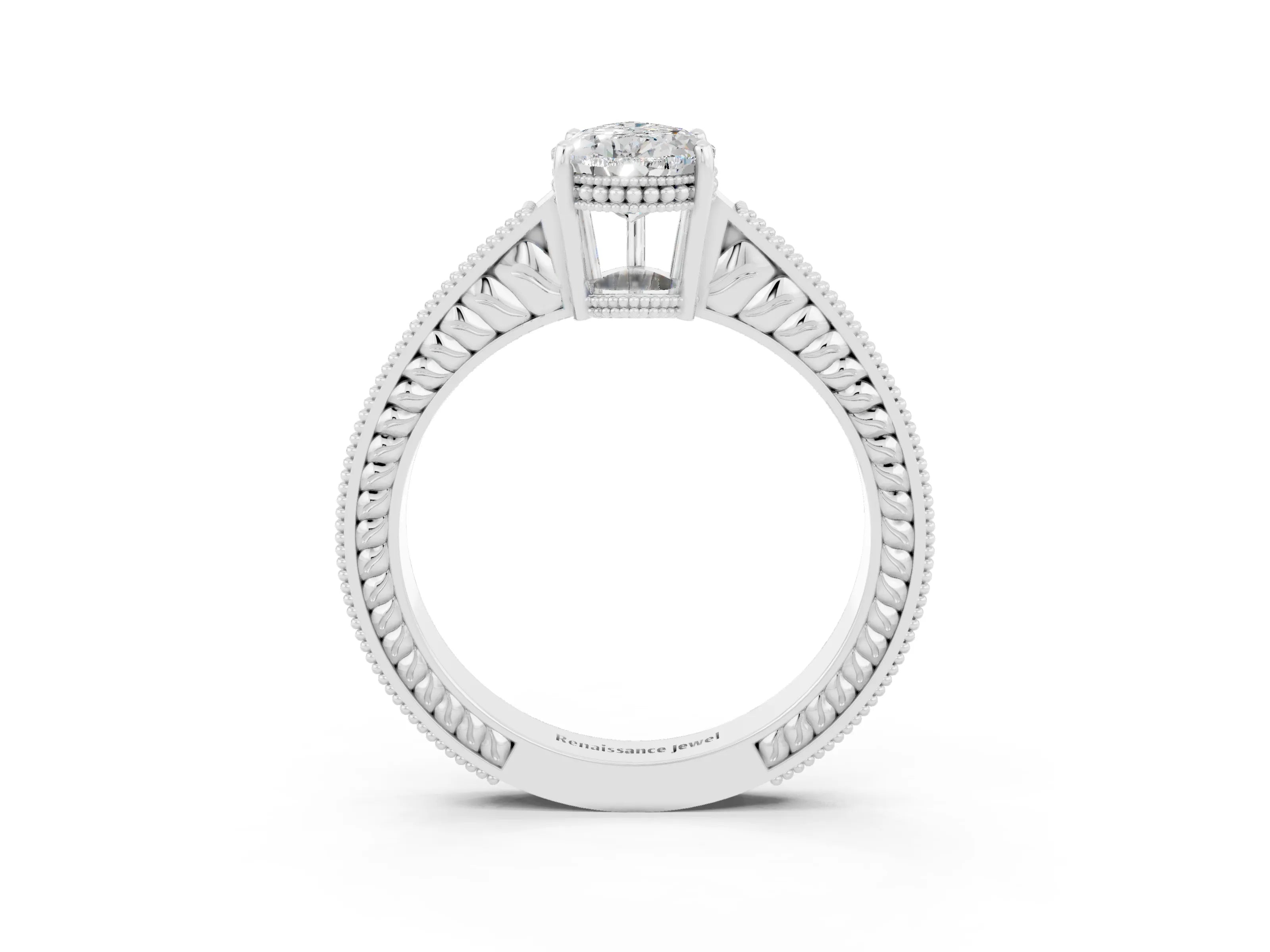 White gold Pear Cut Moissanite Engagement Ring with Milgrain Channel Set Band and Prong Setting_3