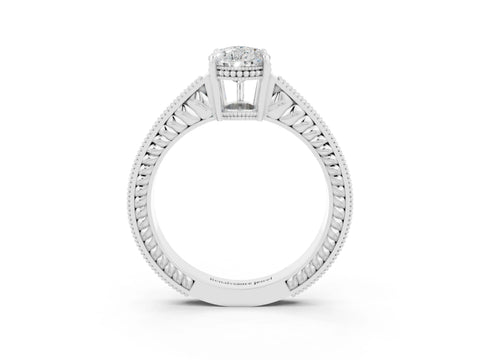 White gold Pear Cut Moissanite Engagement Ring with Milgrain Channel Set Band and Prong Setting_3