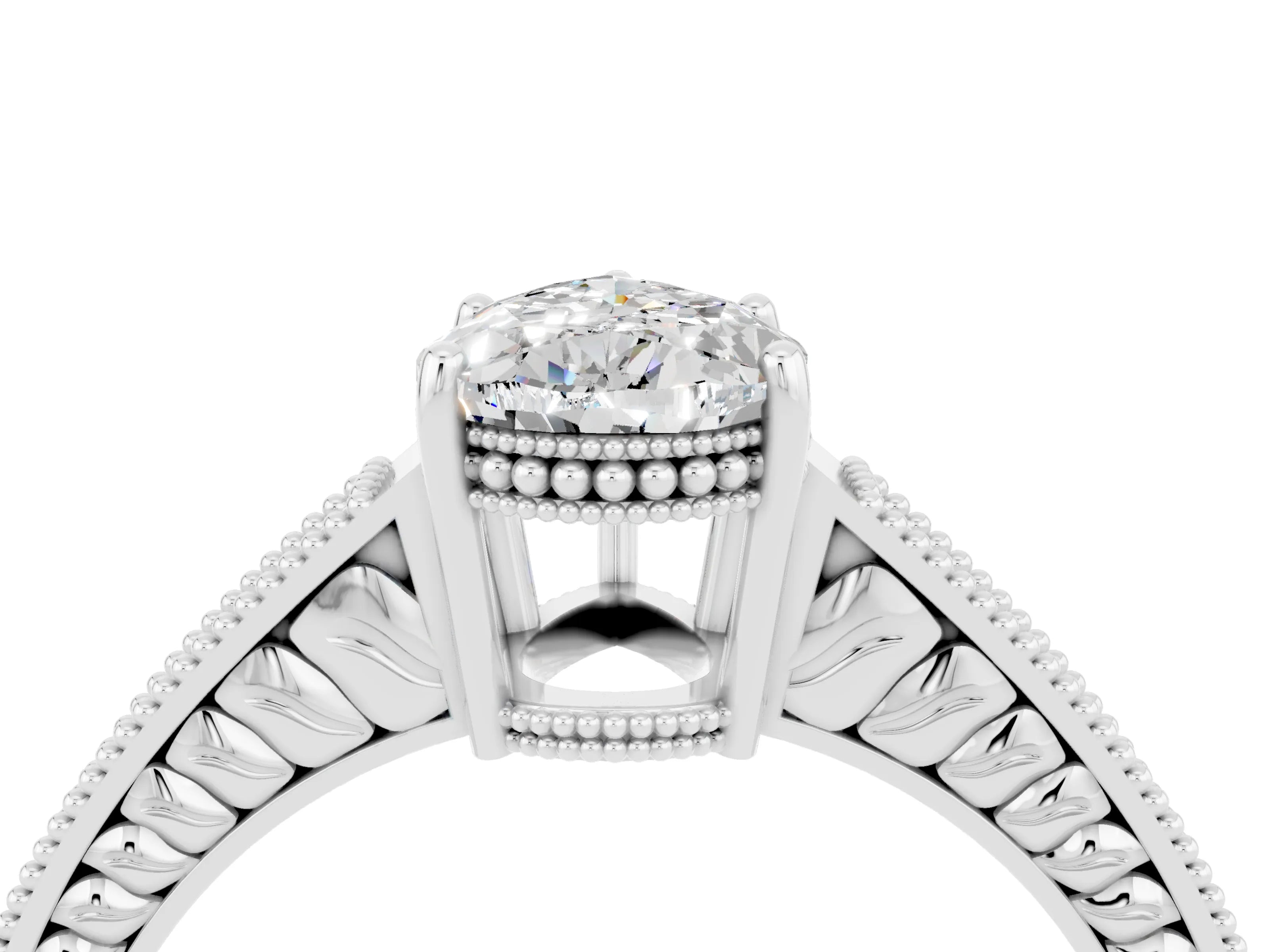White gold Pear Cut Moissanite Engagement Ring with Milgrain Channel Set Band and Prong Setting_4