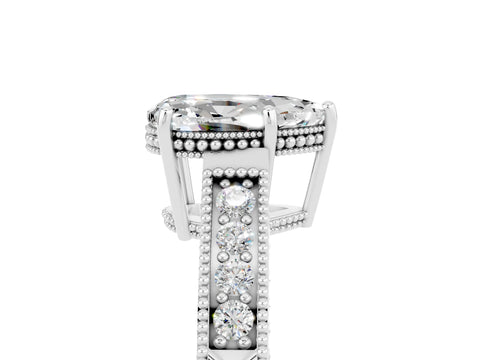 White gold Pear Cut Moissanite Engagement Ring with Milgrain Channel Set Band and Prong Setting_5