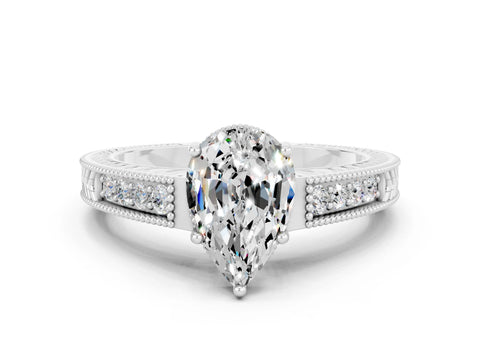 White gold Pear Cut Moissanite Engagement Ring with Milgrain Channel Set Band and Prong Setting