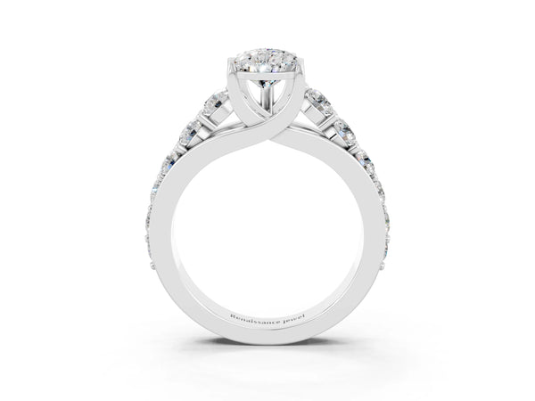 White gold Pear Cut Moissanite Engagement Ring with Pavé Band and Four-Prong Setting