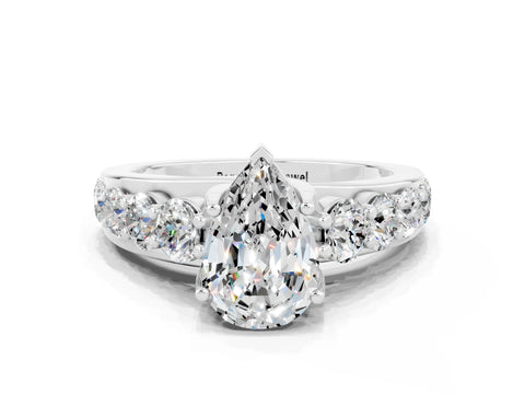 White gold Pear Cut Moissanite Engagement Ring with Pavé Band and Four-Prong Setting