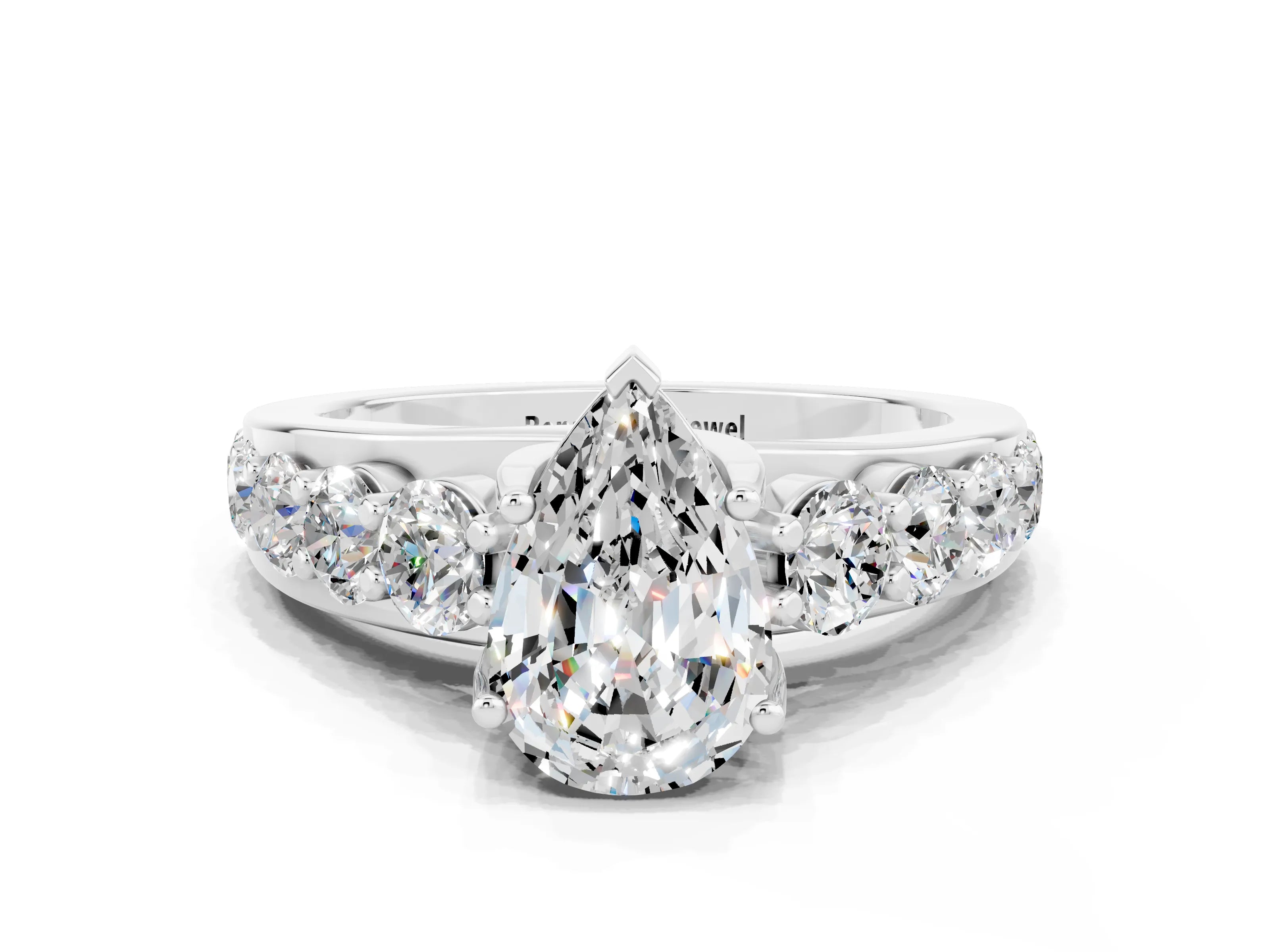 White gold Pear Cut Moissanite Engagement Ring with Pavé Band and Four-Prong Setting