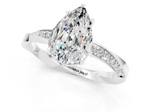 White gold Pear Cut Moissanite Engagement Ring with Side Stone Accents and Four-Prong Setting
