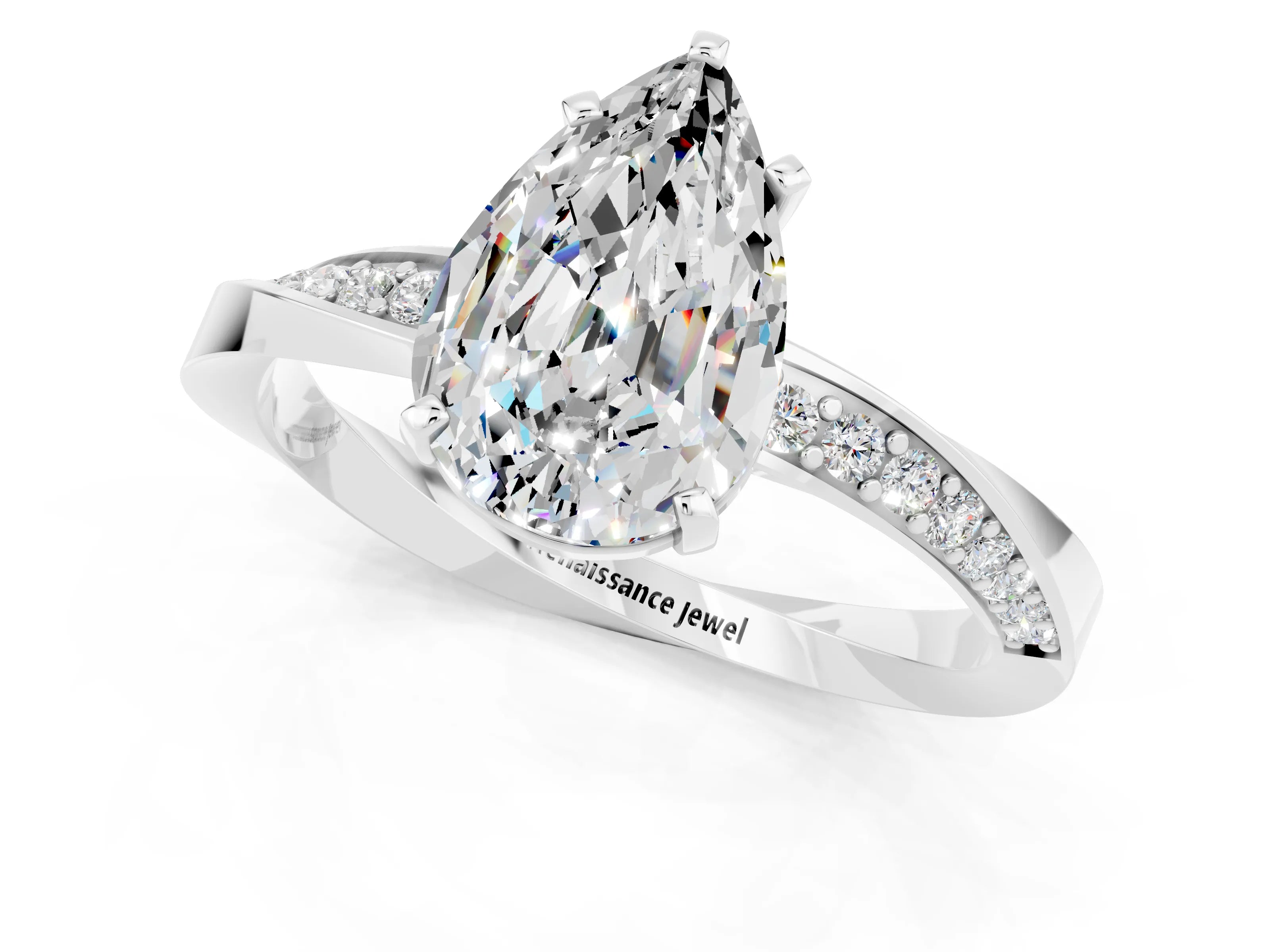 White gold Pear Cut Moissanite Engagement Ring with Side Stone Accents and Four-Prong Setting_28