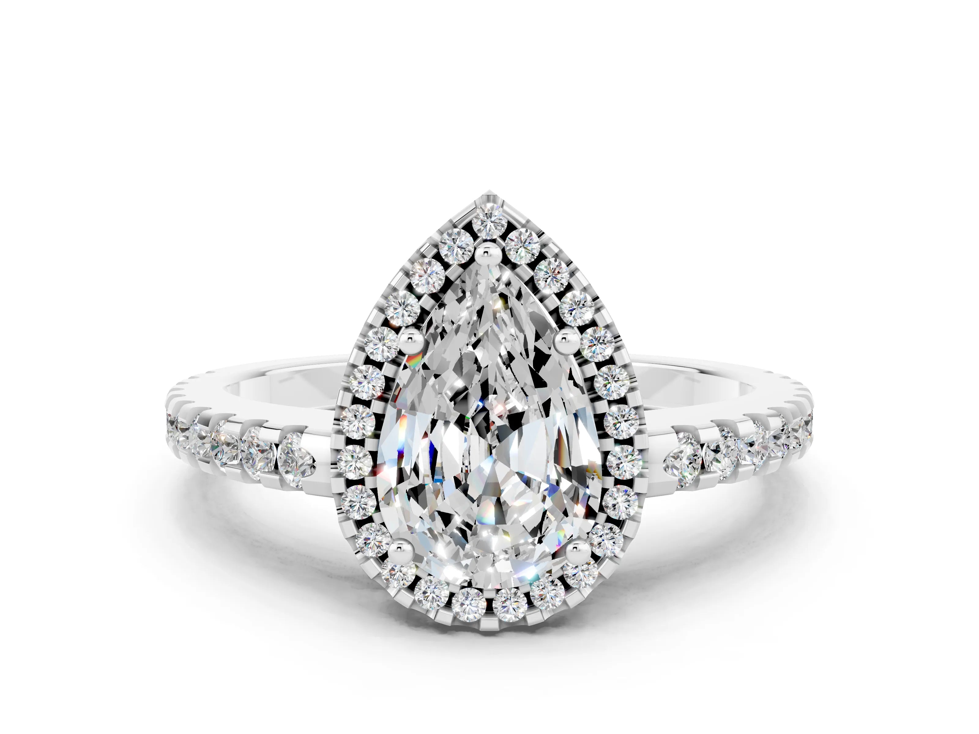 White gold Pear Cut Moissanite Halo Engagement Ring with Pavé Band and Prong Setting_12
