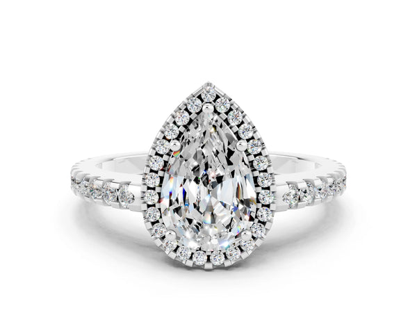 White gold Pear Cut Moissanite Halo Engagement Ring with Pavé Band and Prong Setting