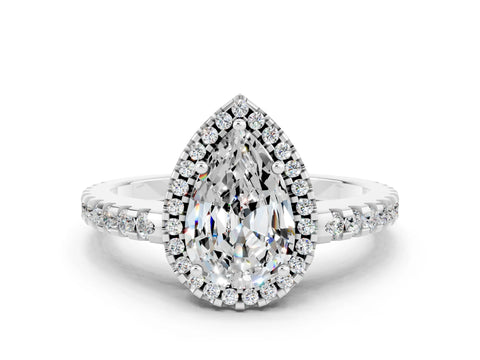 White gold Pear Cut Moissanite Halo Engagement Ring with Pavé Band and Prong Setting_12
