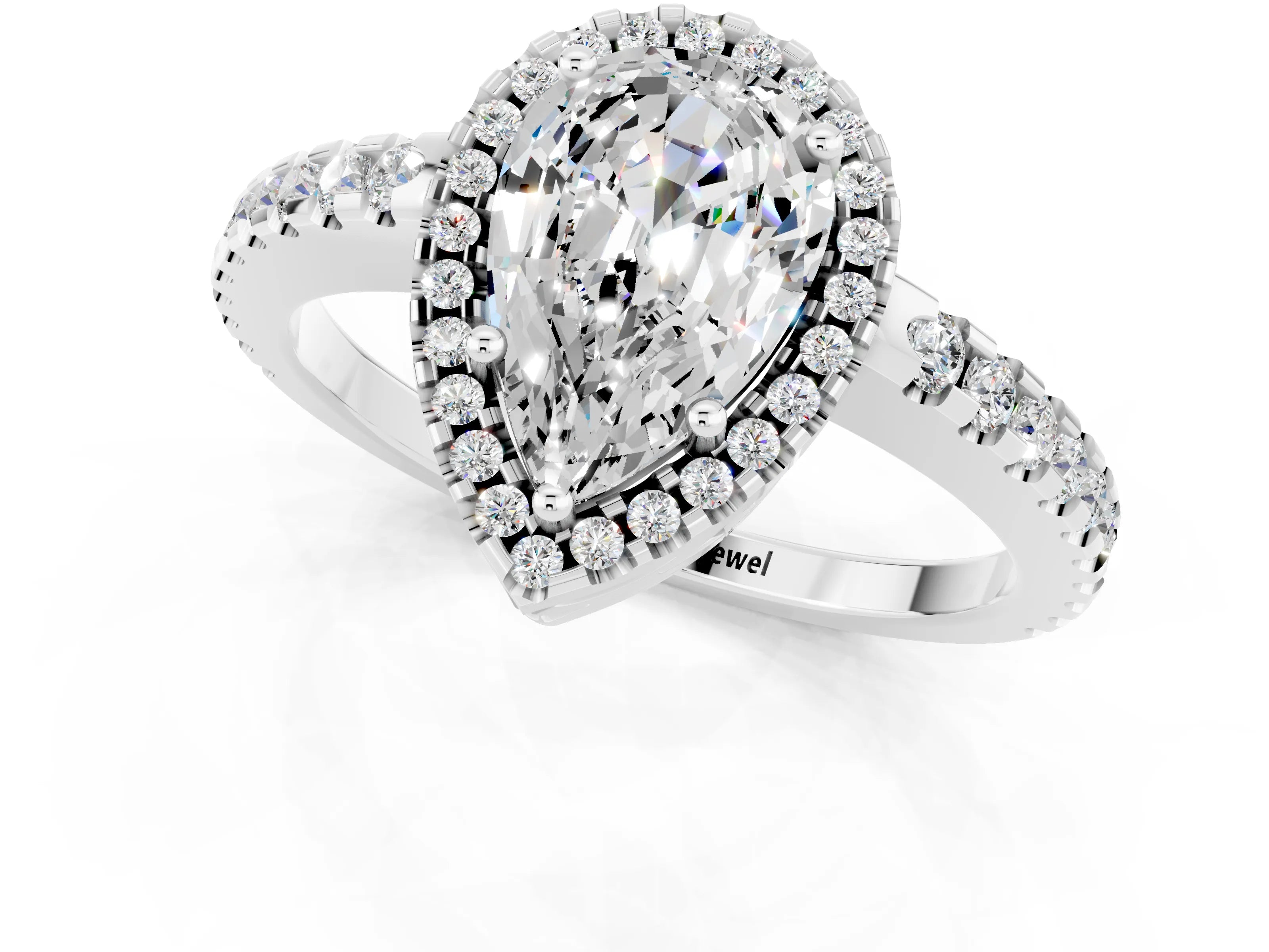 White gold Pear Cut Moissanite Halo Engagement Ring with Pavé Band and Prong Setting_13