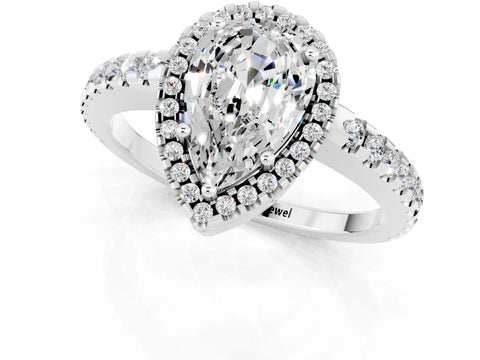 White gold Pear Cut Moissanite Halo Engagement Ring with Pavé Band and Prong Setting_13