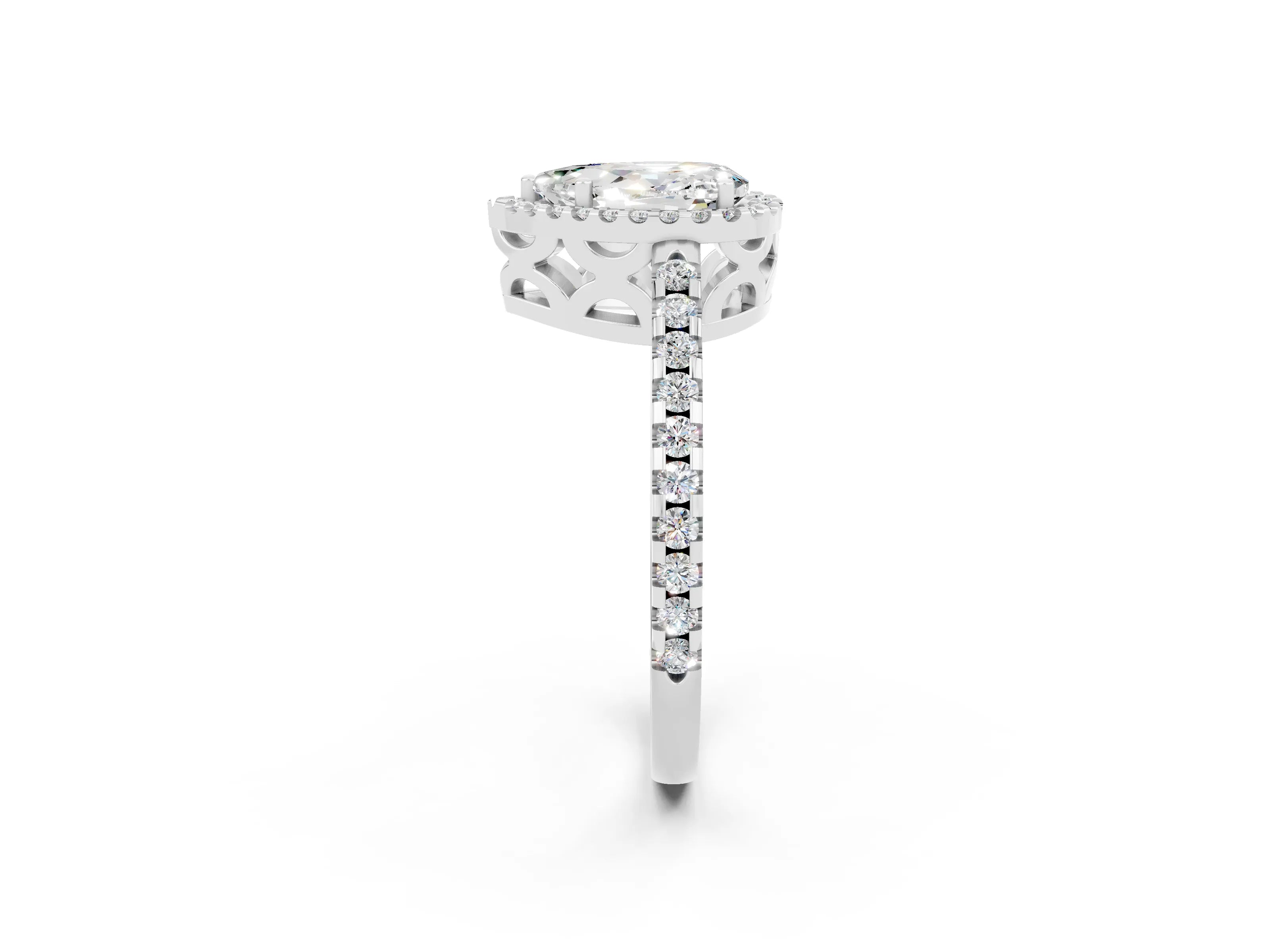 White gold Pear Cut Moissanite Halo Engagement Ring with Pavé Band and Prong Setting_14