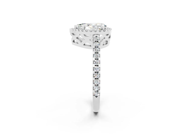 Silver Pear Cut Moissanite Halo Engagement Ring with Pavé Band and Prong Setting