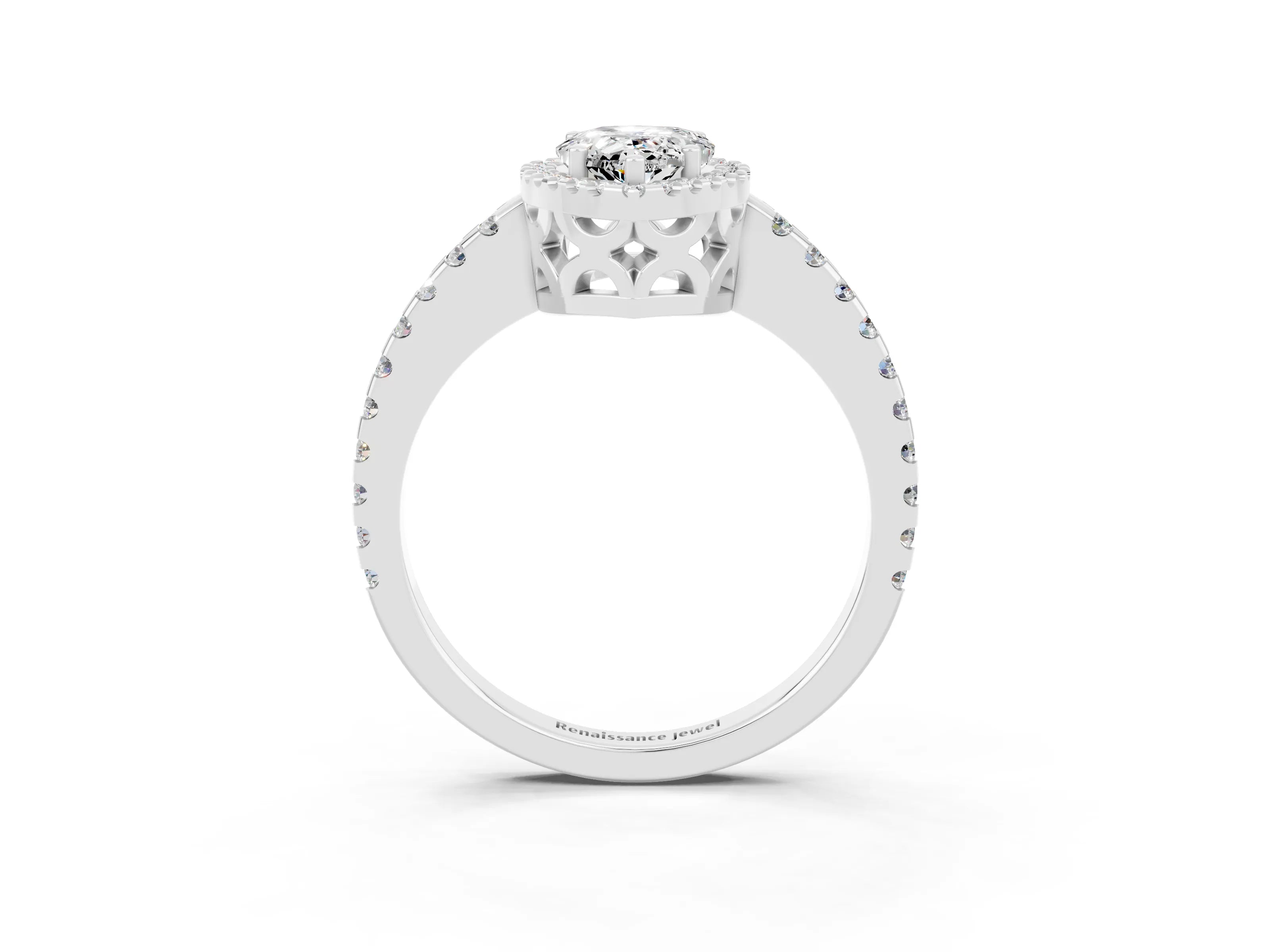 White gold Pear Cut Moissanite Halo Engagement Ring with Pavé Band and Prong Setting_15