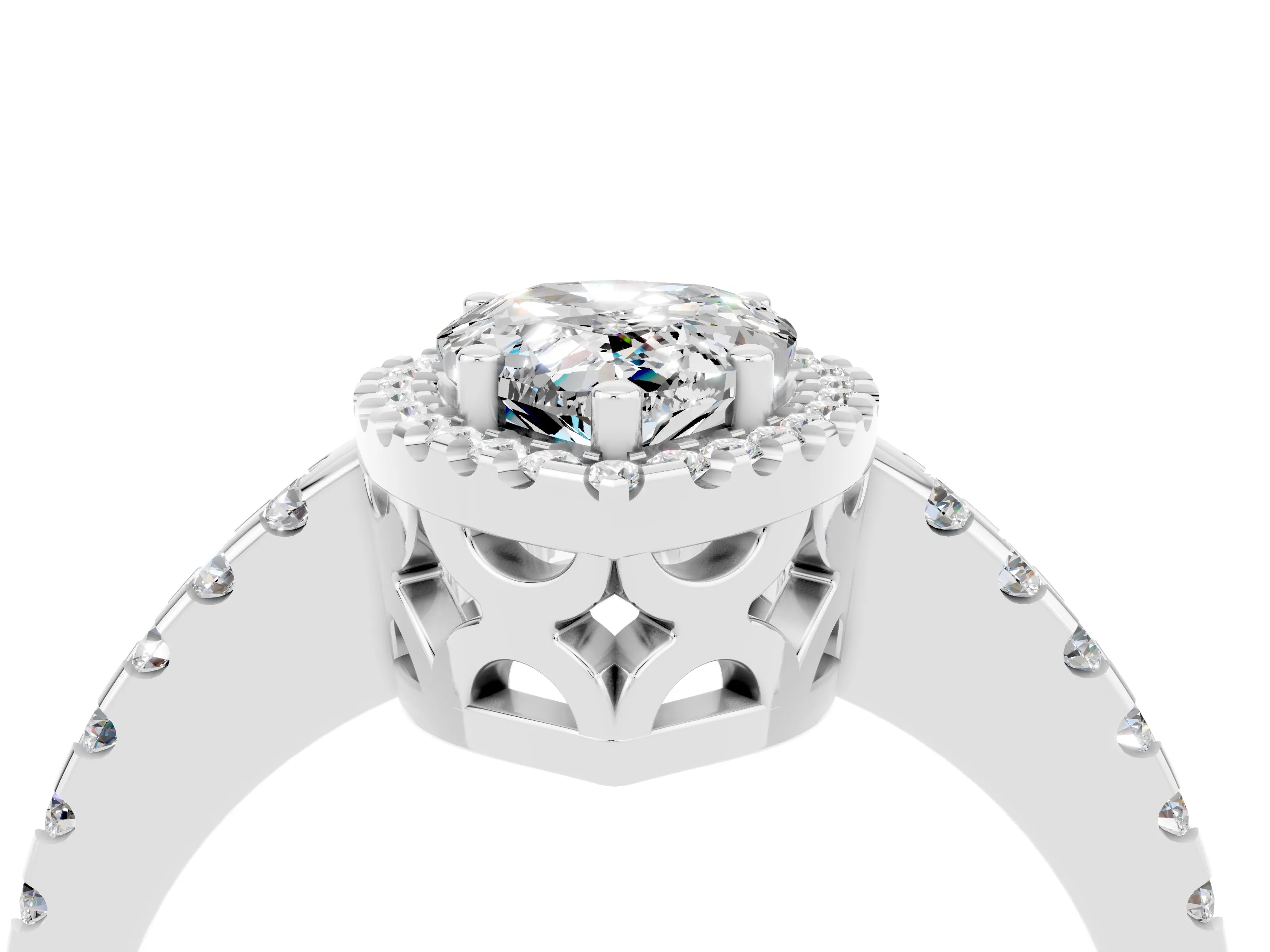 White gold Pear Cut Moissanite Halo Engagement Ring with Pavé Band and Prong Setting_16
