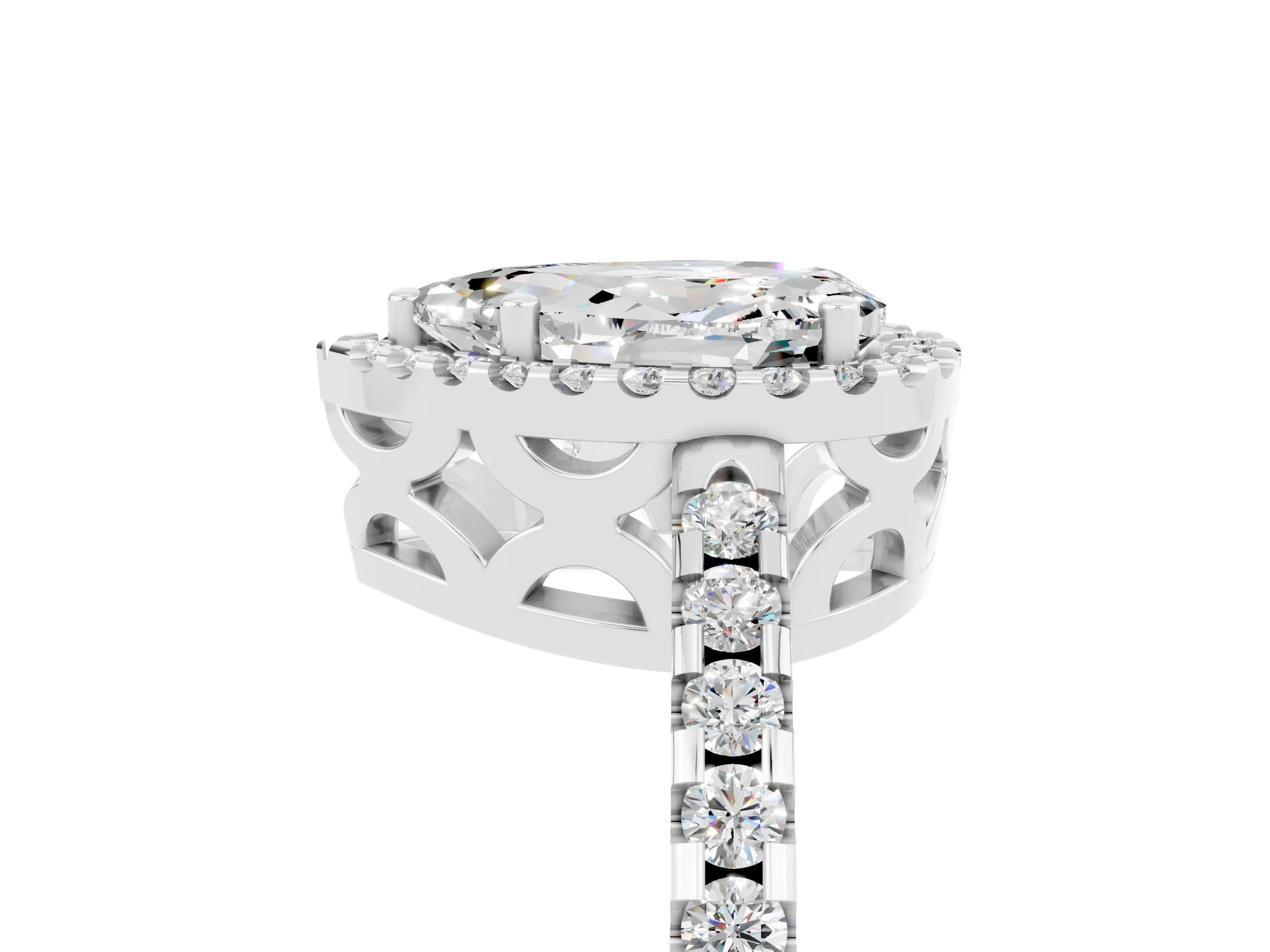 White gold Pear Cut Moissanite Halo Engagement Ring with Pavé Band and Prong Setting_17