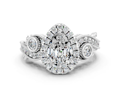 White gold Pear Cut Moissanite Halo Ring with Milgrain Pavé Band and Four-Prong Setting_12