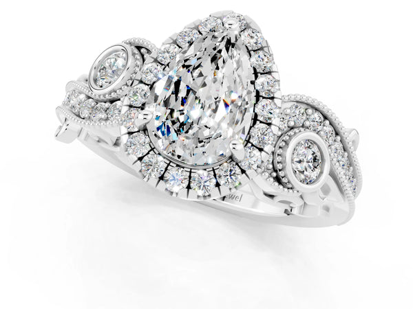 White gold Pear Cut Moissanite Halo Ring with Milgrain Pavé Band and Four-Prong Setting