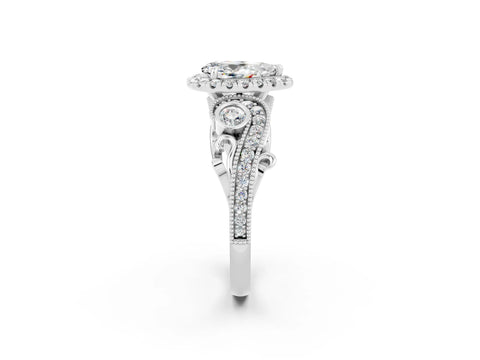 White gold Pear Cut Moissanite Halo Ring with Milgrain Pavé Band and Four-Prong Setting_14