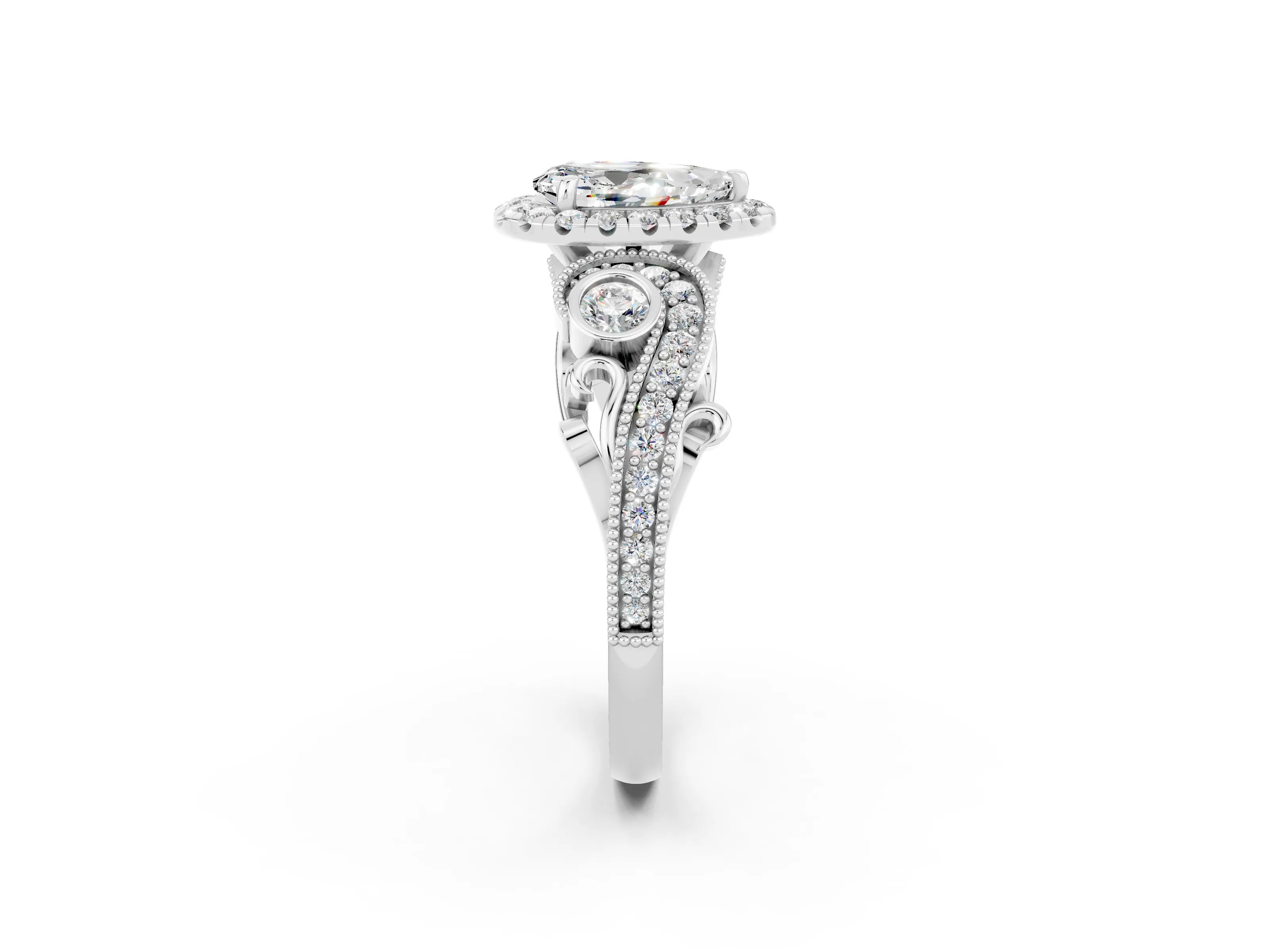 White gold Pear Cut Moissanite Halo Ring with Milgrain Pavé Band and Four-Prong Setting_14
