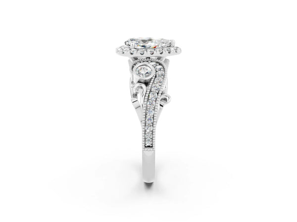 Silver Pear Cut Moissanite Halo Ring with Milgrain Pavé Band and Four-Prong Setting