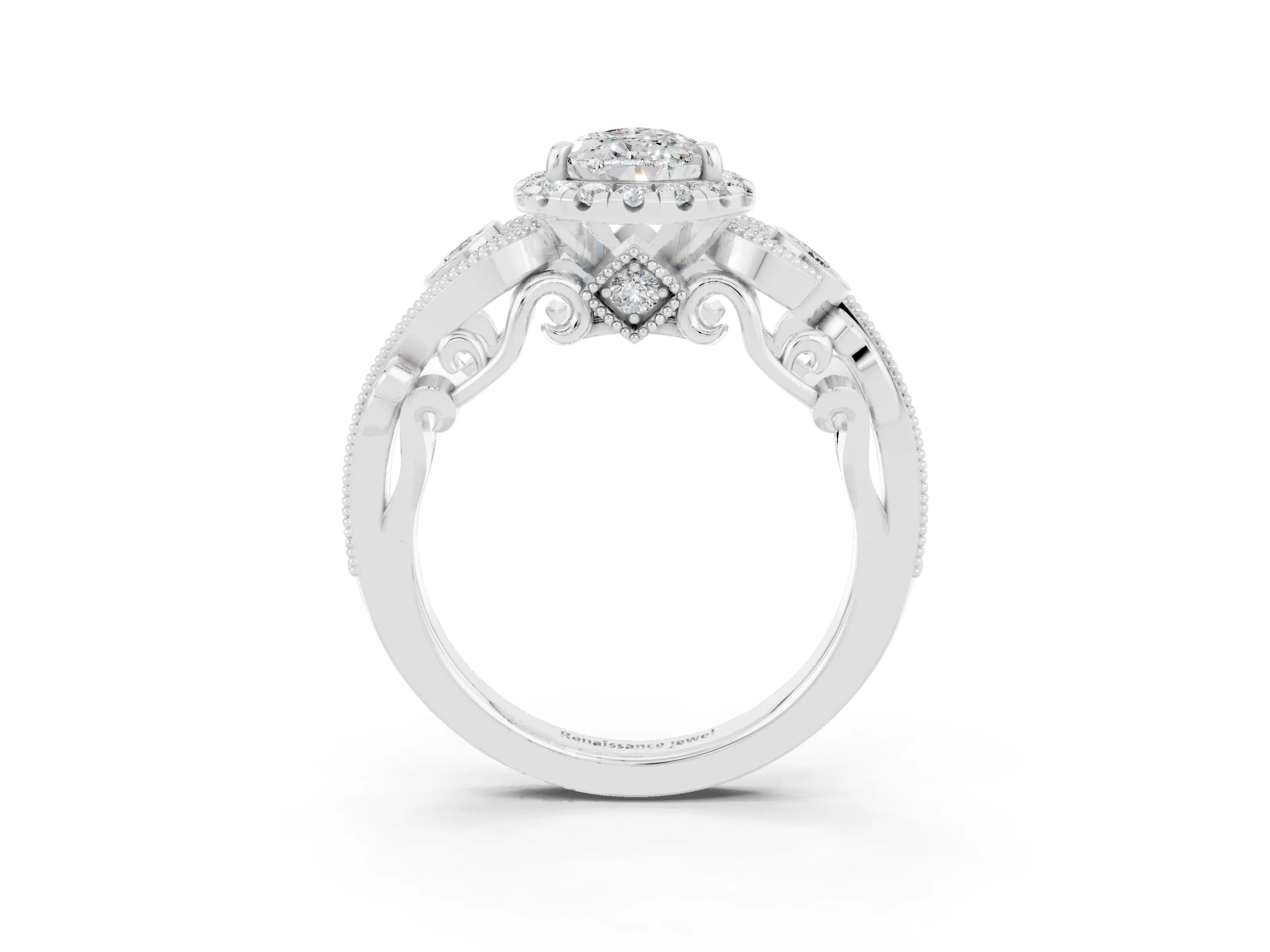 White gold Pear Cut Moissanite Halo Ring with Milgrain Pavé Band and Four-Prong Setting_15