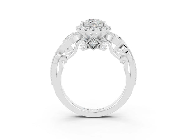 White gold Pear Cut Moissanite Halo Ring with Milgrain Pavé Band and Four-Prong Setting
