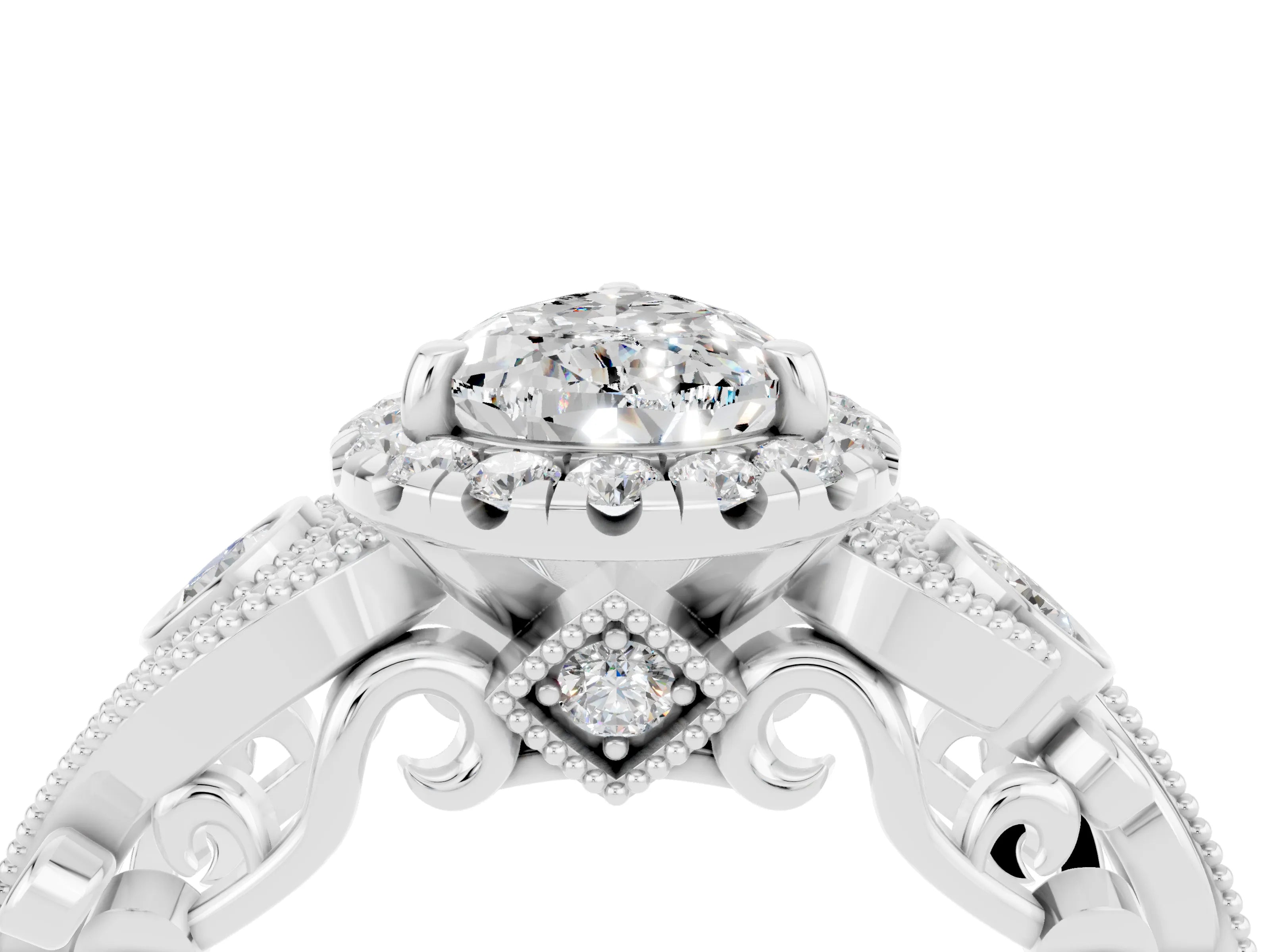 White gold Pear Cut Moissanite Halo Ring with Milgrain Pavé Band and Four-Prong Setting_16