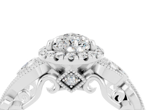 White gold Pear Cut Moissanite Halo Ring with Milgrain Pavé Band and Four-Prong Setting_16