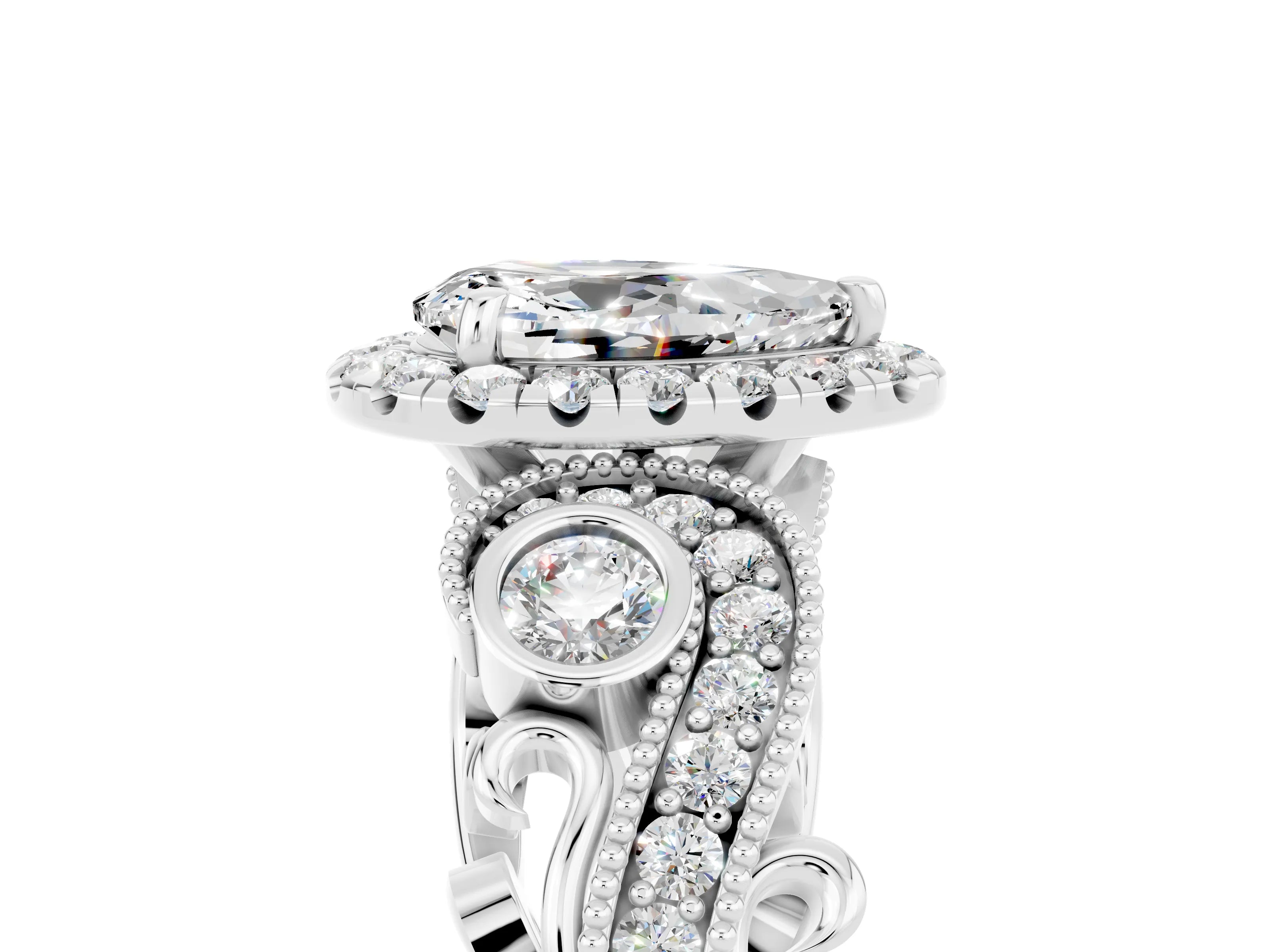 White gold Pear Cut Moissanite Halo Ring with Milgrain Pavé Band and Four-Prong Setting_17