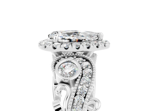 White gold Pear Cut Moissanite Halo Ring with Milgrain Pavé Band and Four-Prong Setting_17