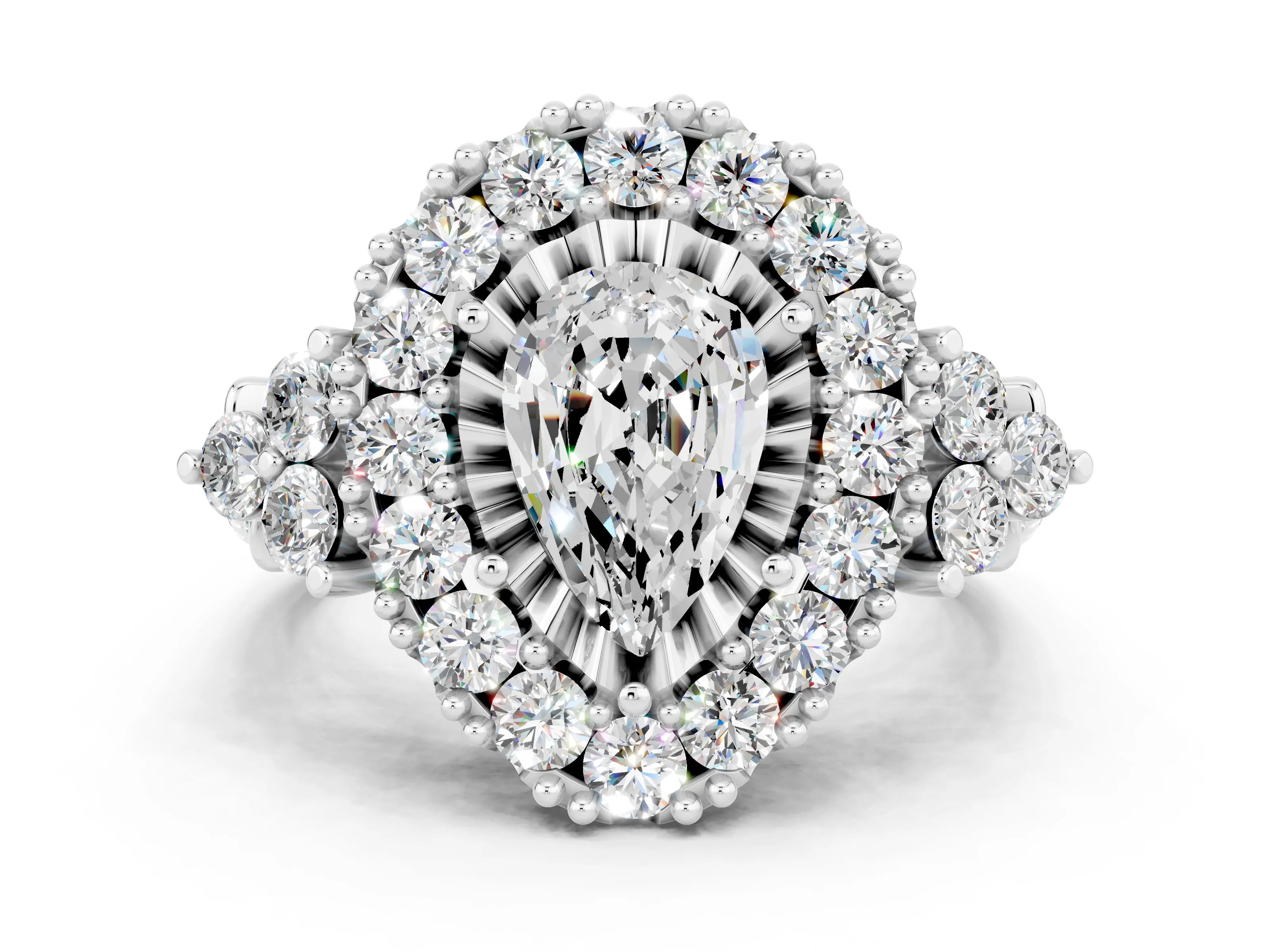 White gold Pear Cut Moissanite Halo Ring with Pavé Band and Four-Prong Setting_12