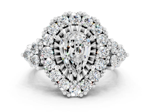 White gold Pear Cut Moissanite Halo Ring with Pavé Band and Four-Prong Setting
