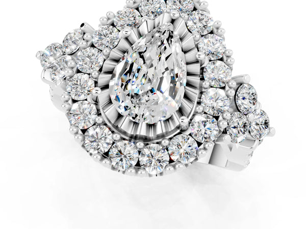Silver Pear Cut Moissanite Halo Ring with Pavé Band and Four-Prong Setting