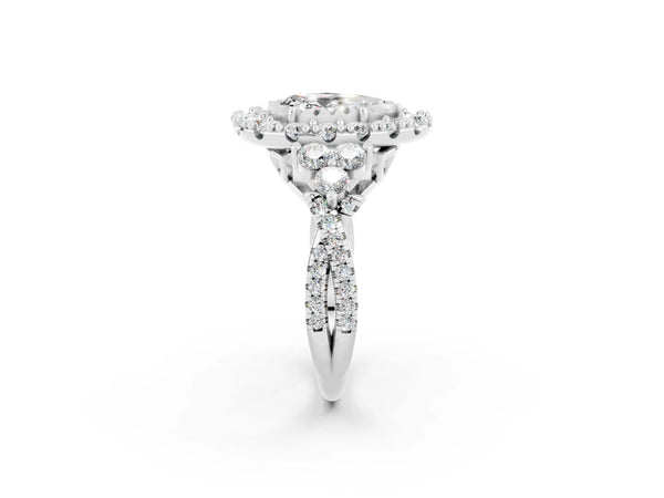 Silver Pear Cut Moissanite Halo Ring with Pavé Band and Four-Prong Setting