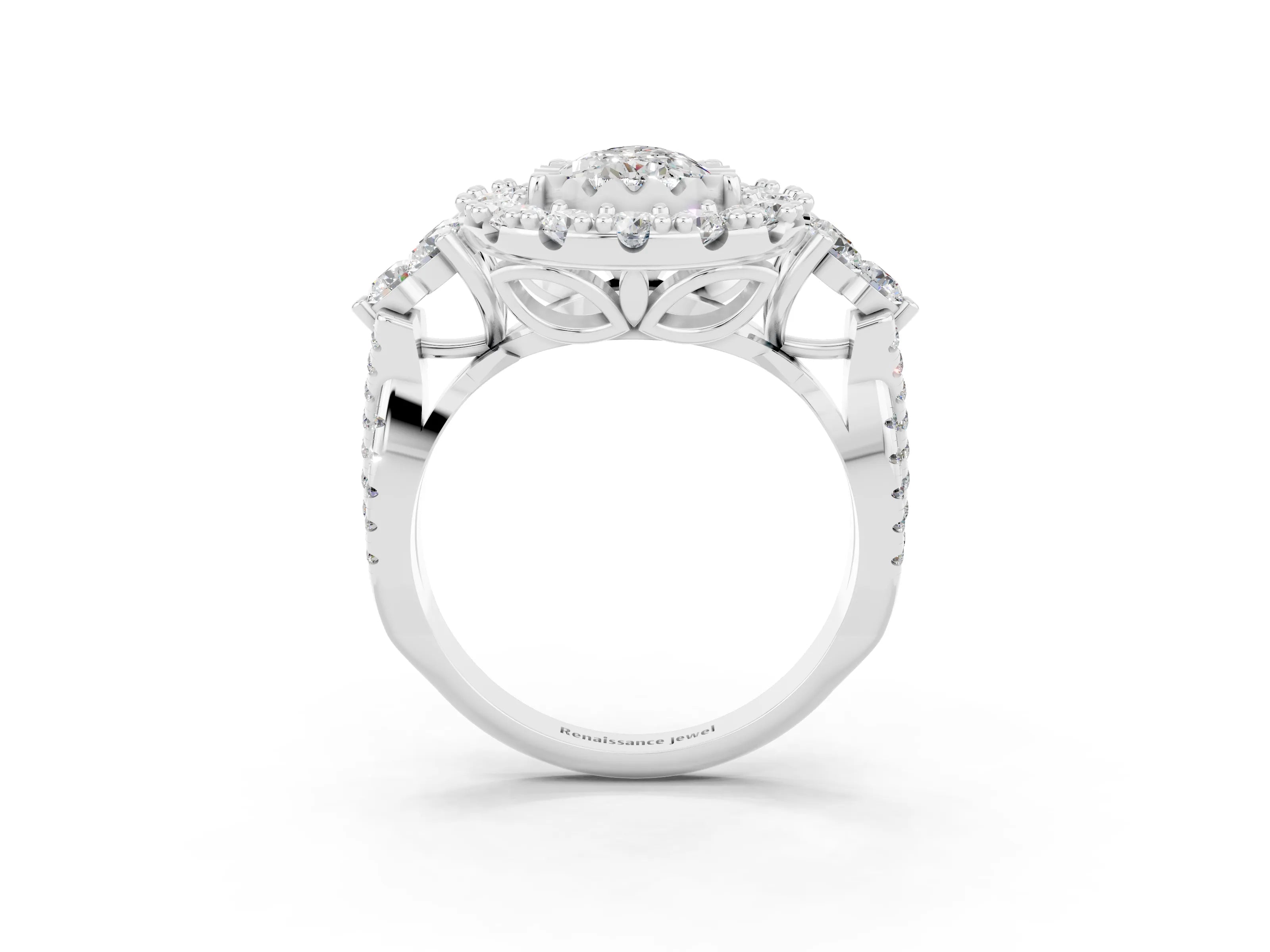 White gold Pear Cut Moissanite Halo Ring with Pavé Band and Four-Prong Setting_15