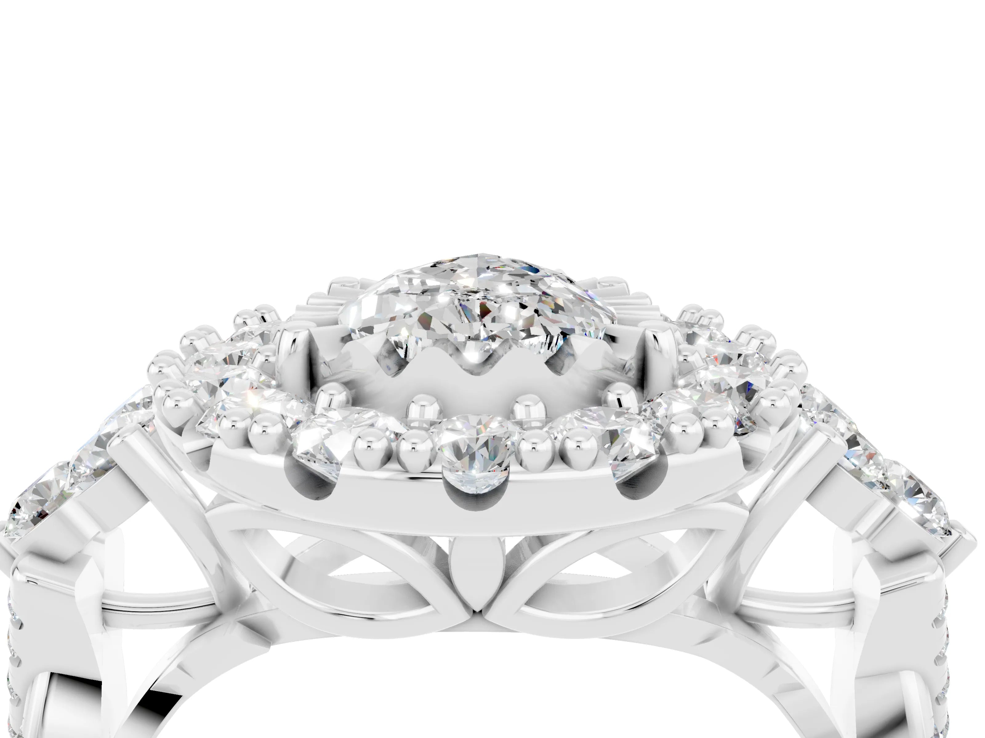 White gold Pear Cut Moissanite Halo Ring with Pavé Band and Four-Prong Setting_16